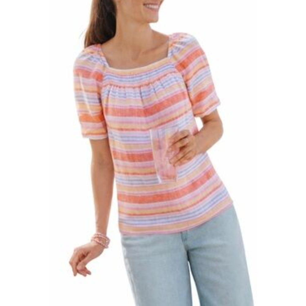 Talbots Womens‎ Pink Orange Striped 100% Linen Square Neck Smocked Blouse Medium